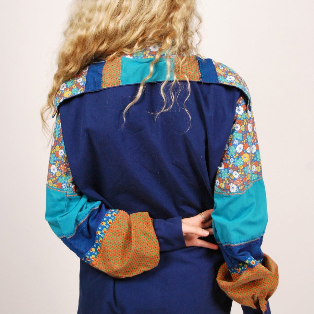 70s Patchwork Button Up (M) Medium Blue Orange Vi… - image 7